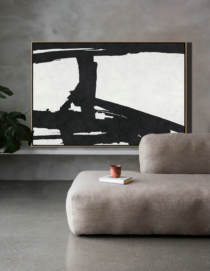 Acrylic Painting On Canvas,Hand Painted Oversized Horizontal Minimal Art On Canvas, Black And White Minimalist Painting - Extra Large Canvas Painting